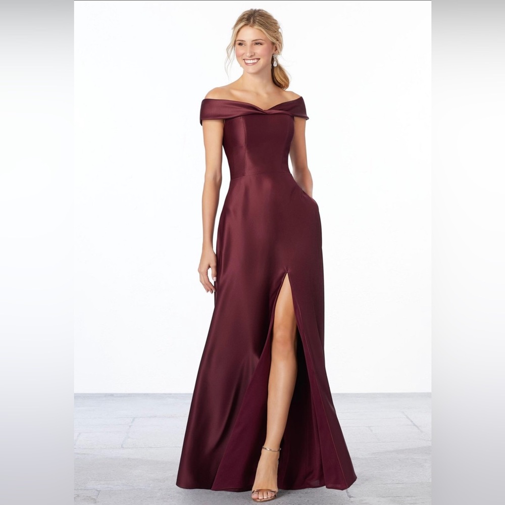 MORILEE by Madeline Gardner 
Burgundy Satin Off-The-Shoulder Dress